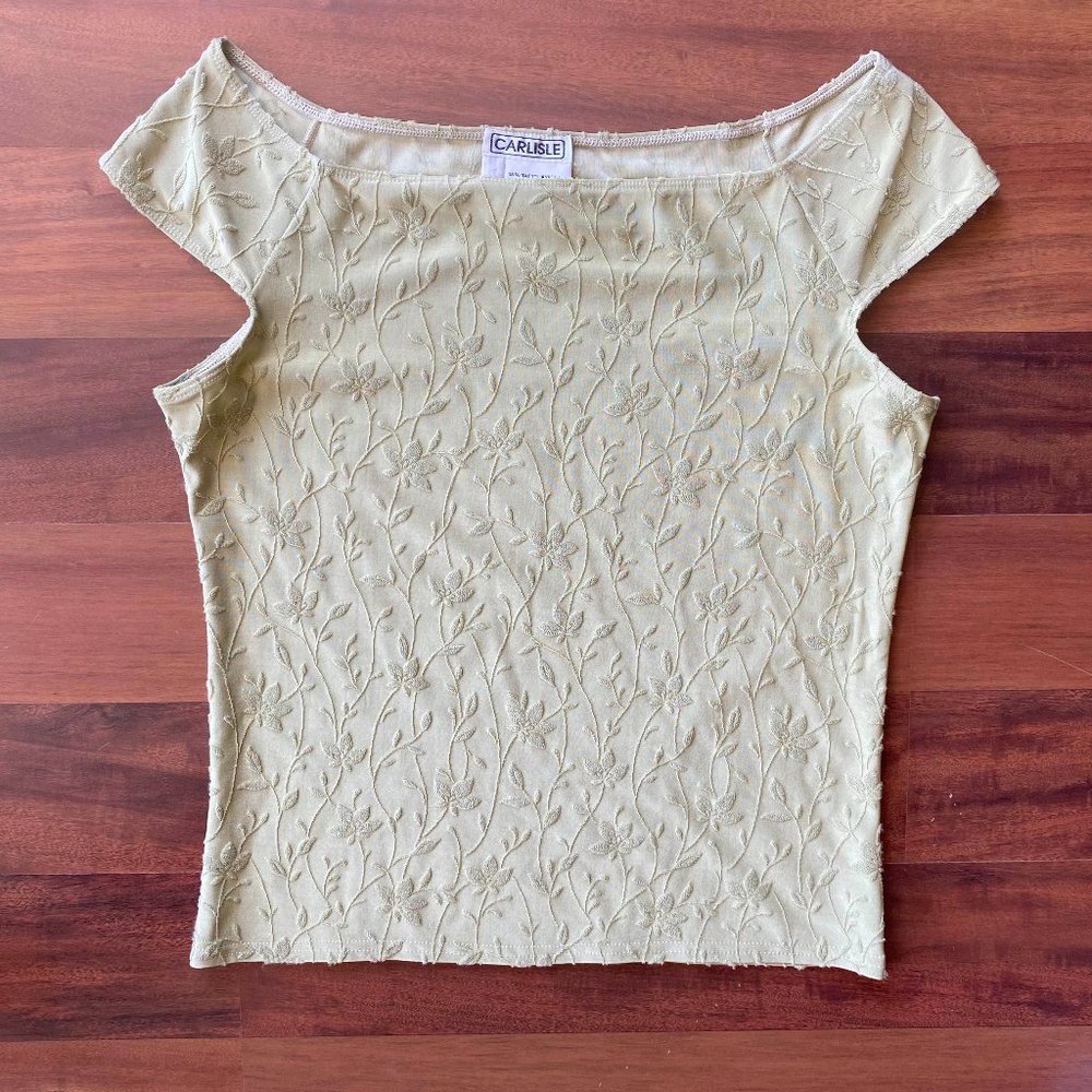 Carlisle Sage Green Floral Embroidered, Cap Sleeved Top, Medium